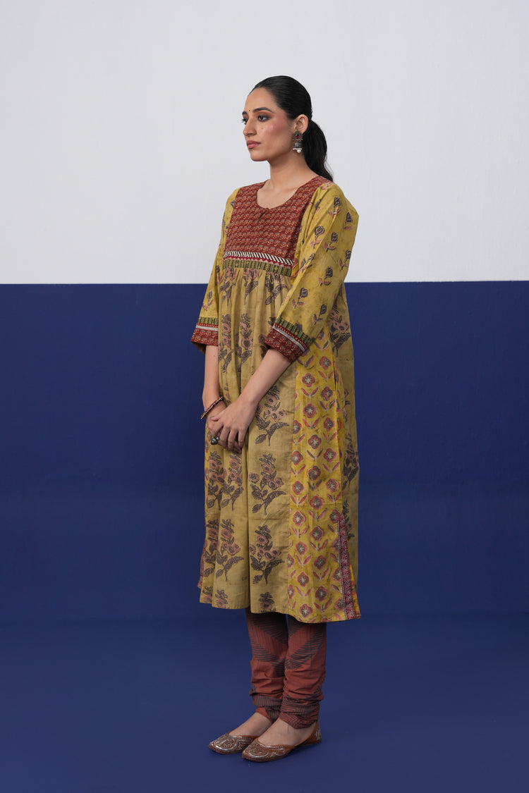 Banjara Cotton Hand Block Printed Kurta Ochre Yellow