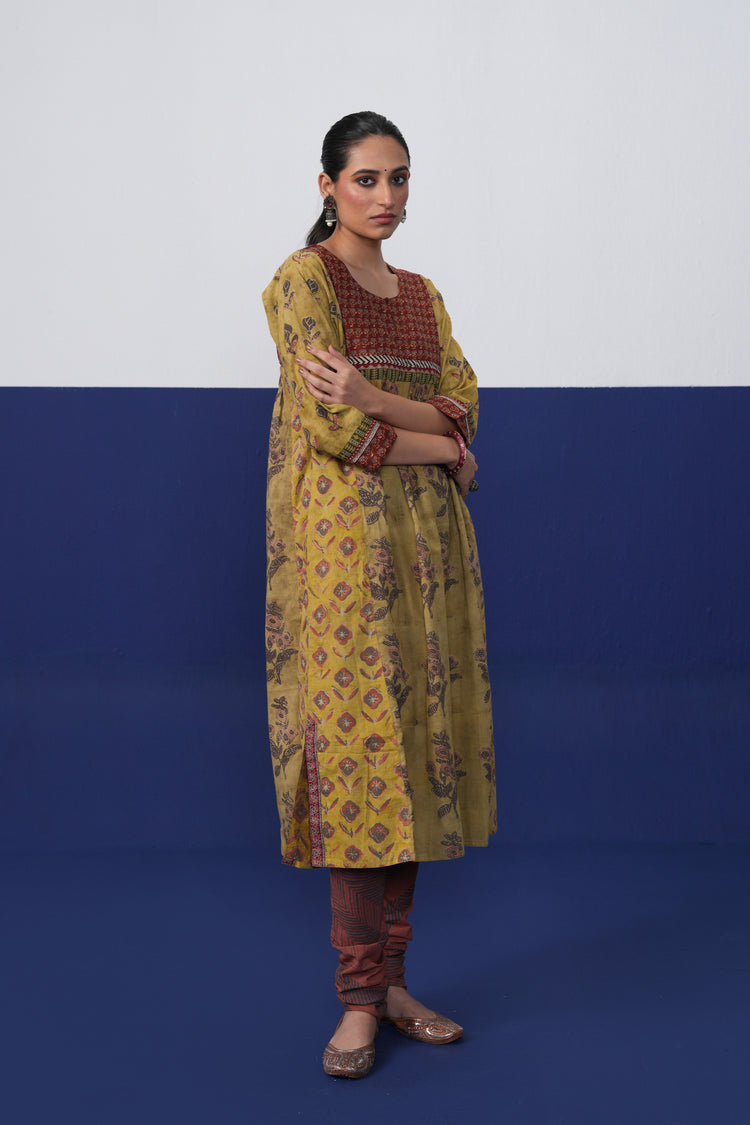 Banjara Cotton Hand Block Printed Kurta Ochre Yellow