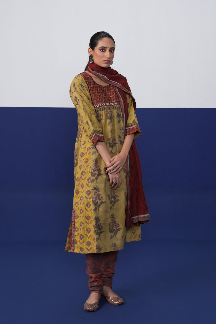 Banjara Cotton Hand Block Printed Kurta Ochre Yellow