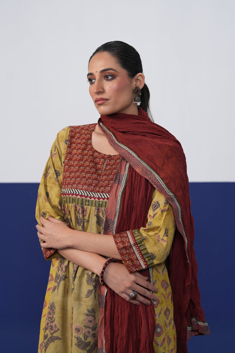 Banjara Cotton Hand Block Printed Kurta Ochre Yellow