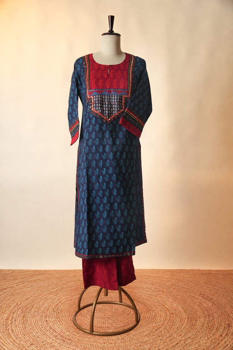 Devi Hand Block Printed Cotton Kurta Dark Blue