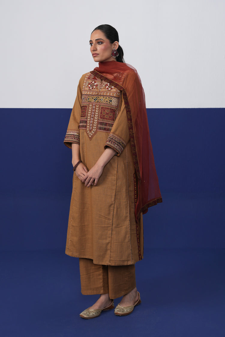 Tulsi Cotton Slub Embroidered Kurta Sand Brown