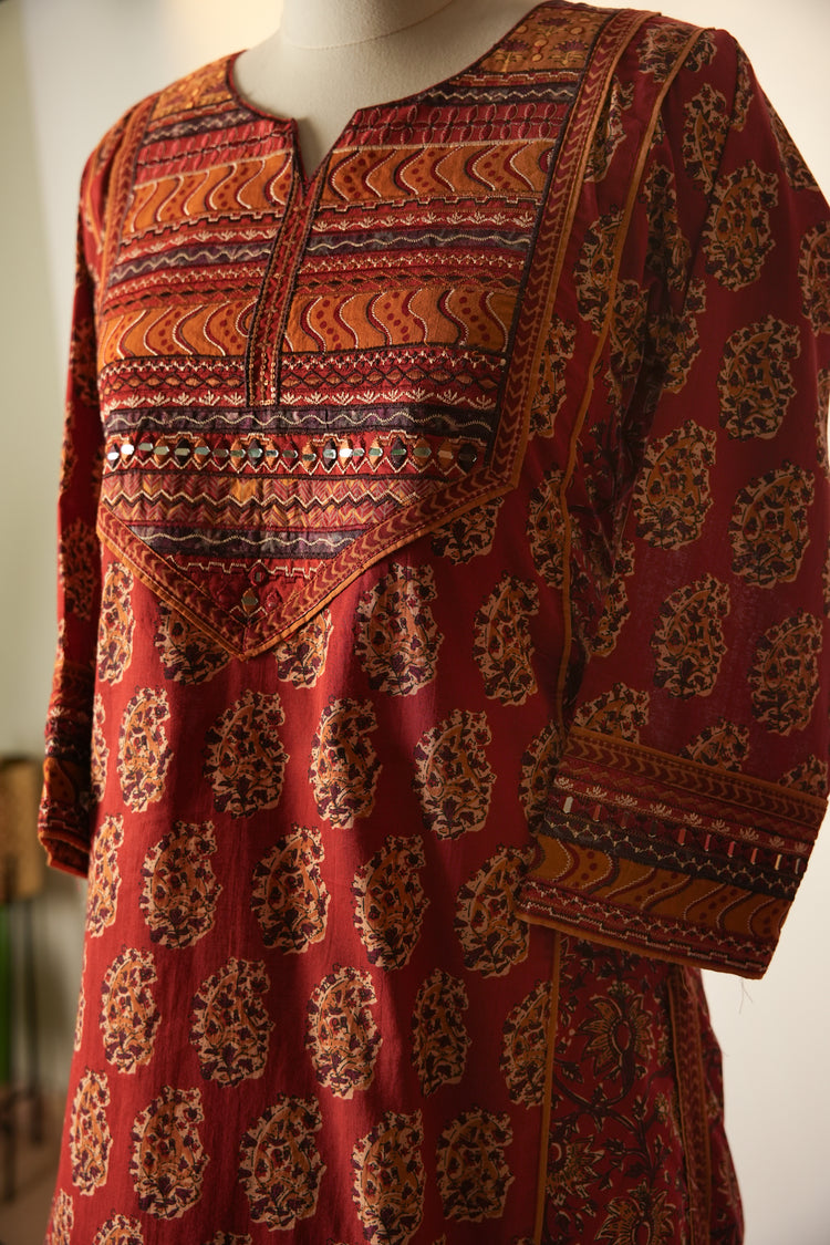 Dienne Embroidered Printed Cotton Kurta Red