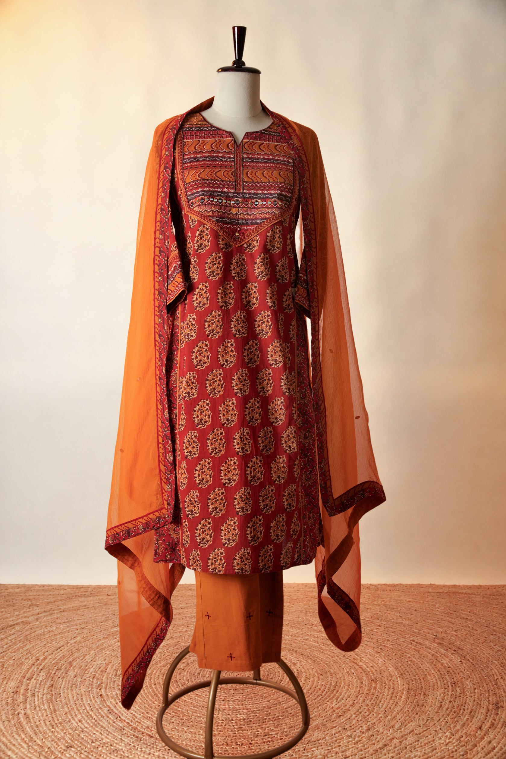 Dienne Embroidered Printed Cotton Kurta Red