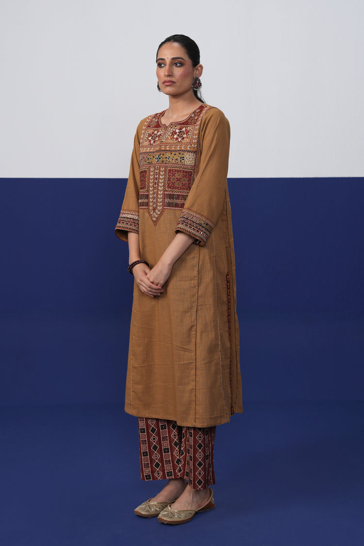 Tulsi Cotton Slub Embroidered Kurta Sand Brown