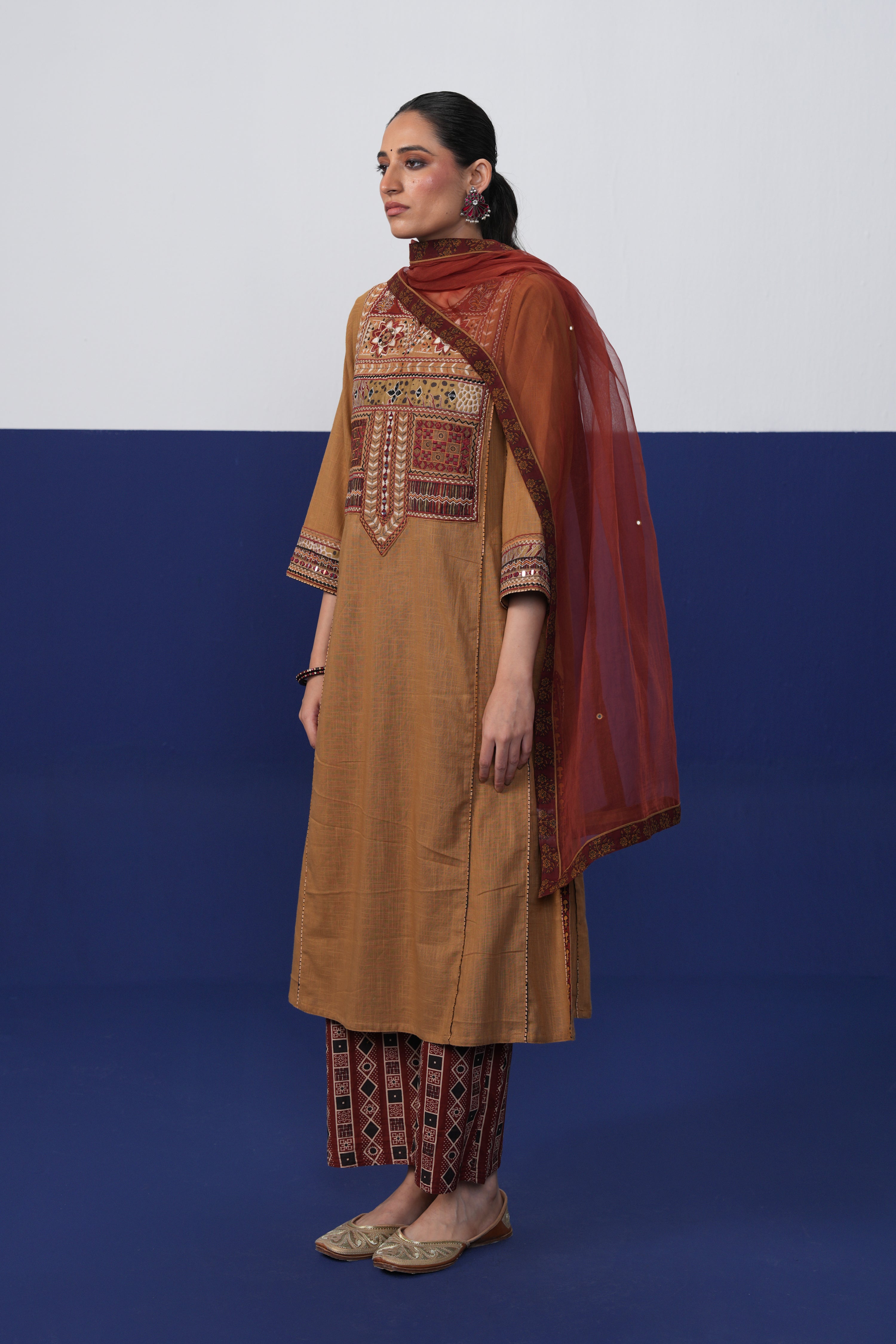 Tulsi Cotton Slub Embroidered Kurta Sand Brown