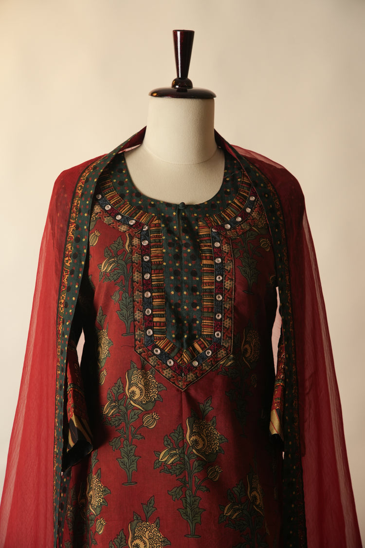 Rozana Hand Block Printed Assam Silk Kurta Rust