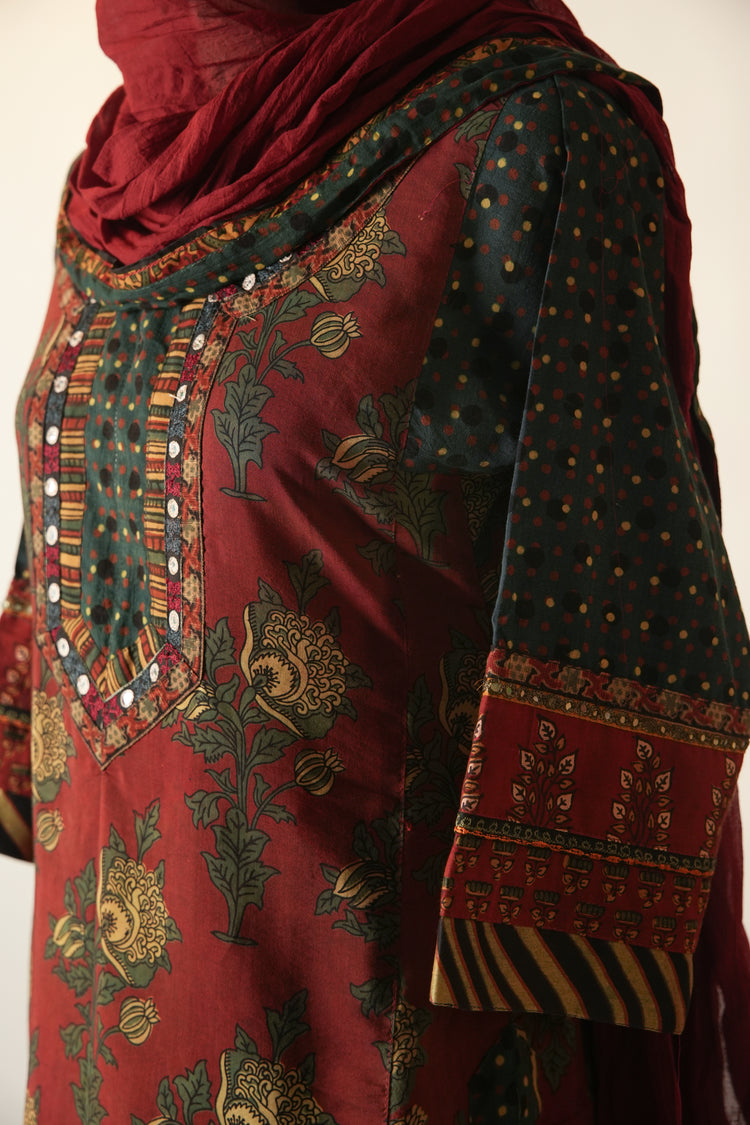 Rozana Hand Block Printed Assam Silk Kurta Rust
