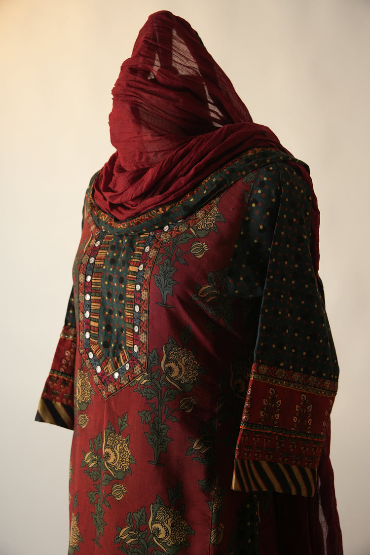 Rozana Hand Block Printed Assam Silk Kurta Rust