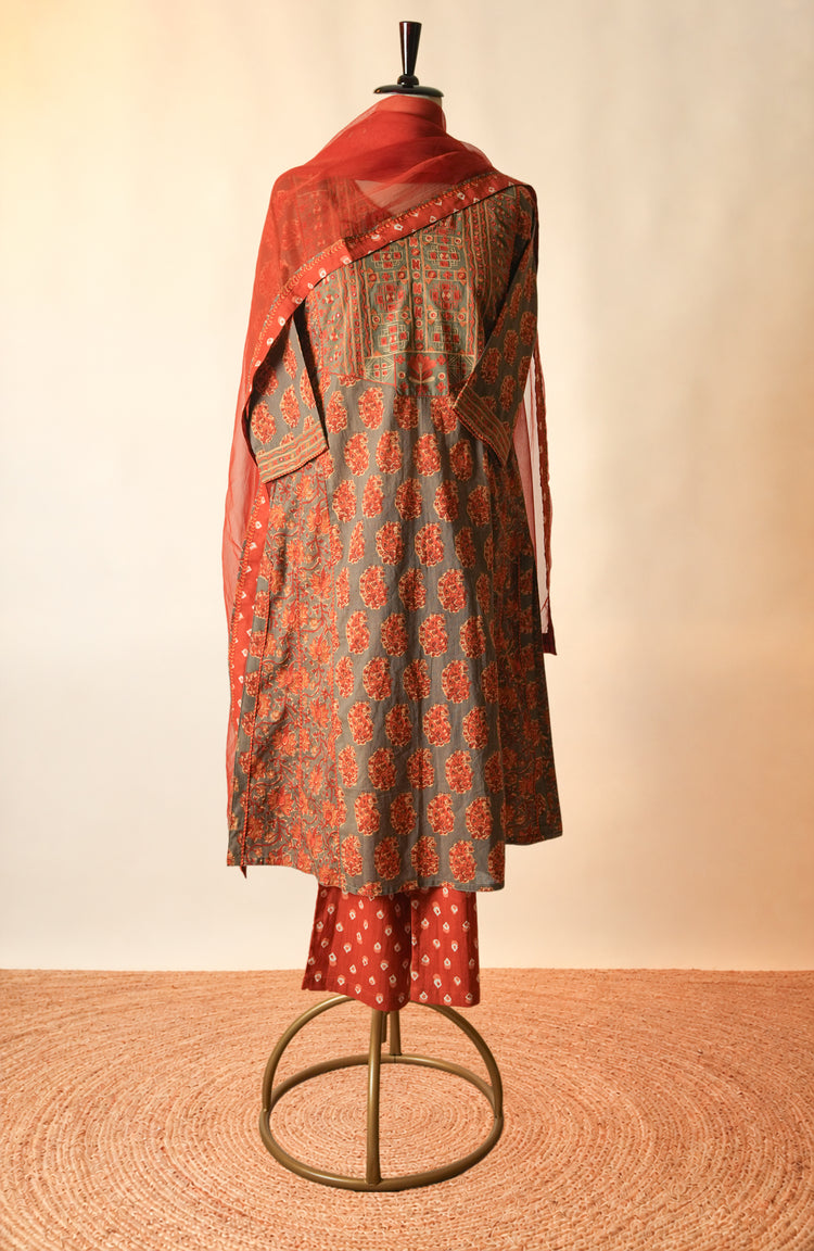 Tulsi Cotton Hand Block Printed Kurta Grey Rust