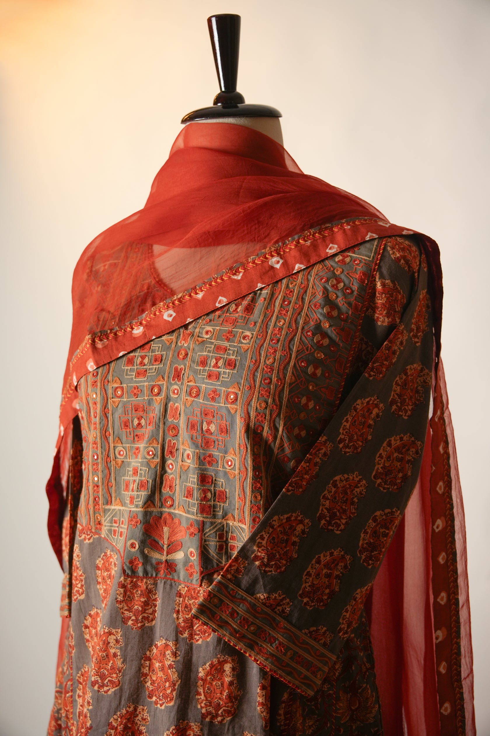 Medh Embroidered Treated Chiffon Dupatta Rust