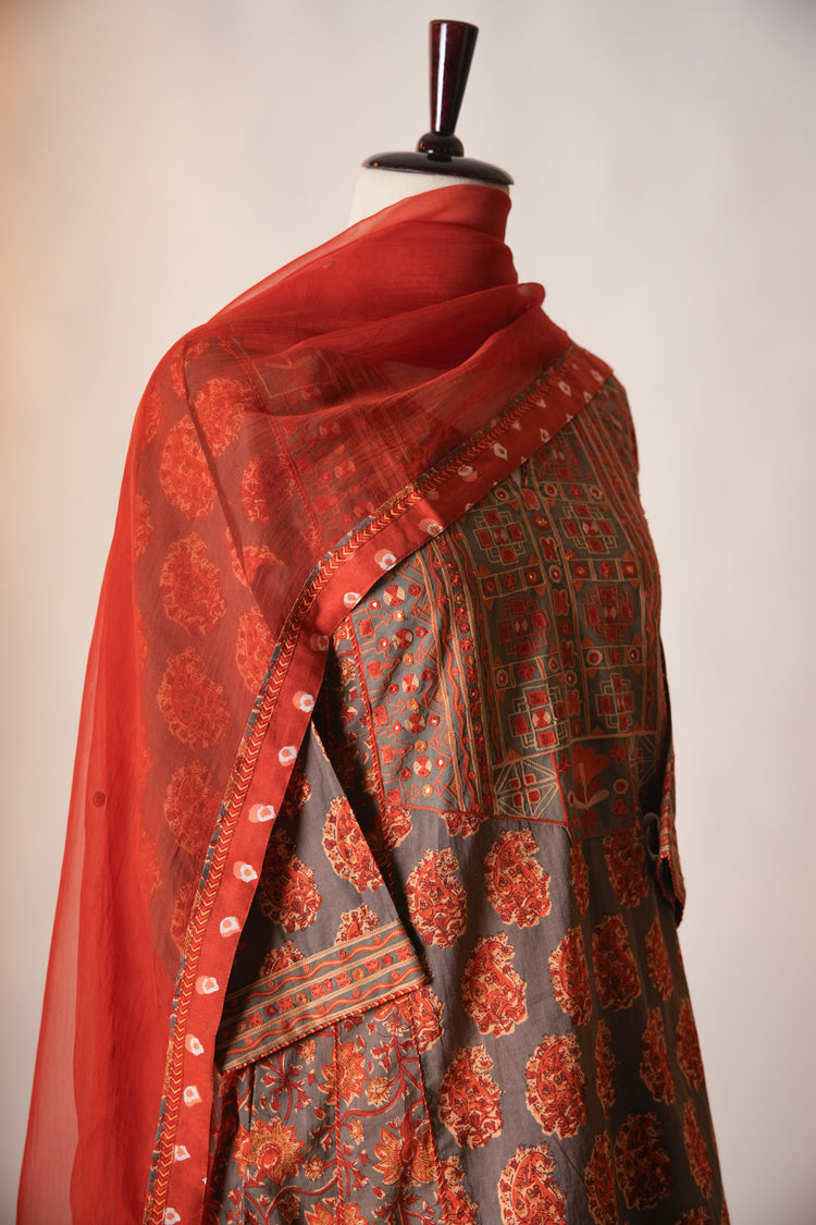 Tulsi Cotton Hand Block Printed Kurta Grey Rust