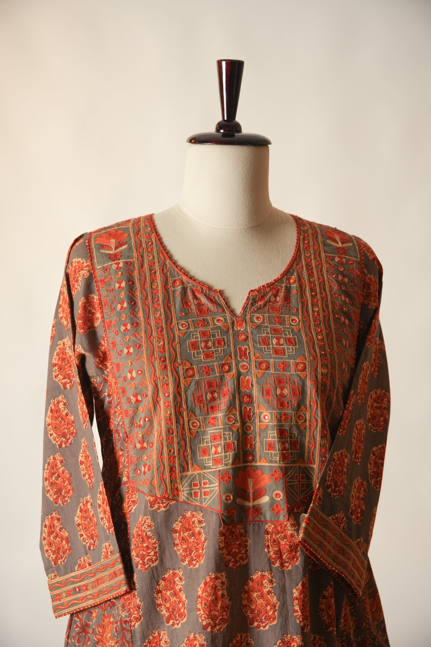 Tulsi Cotton Hand Block Printed Kurta Grey Rust