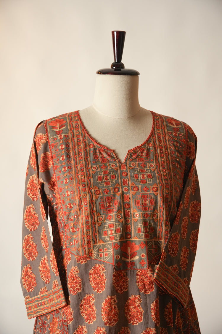 Tulsi Cotton Hand Block Printed Kurta Grey Rust