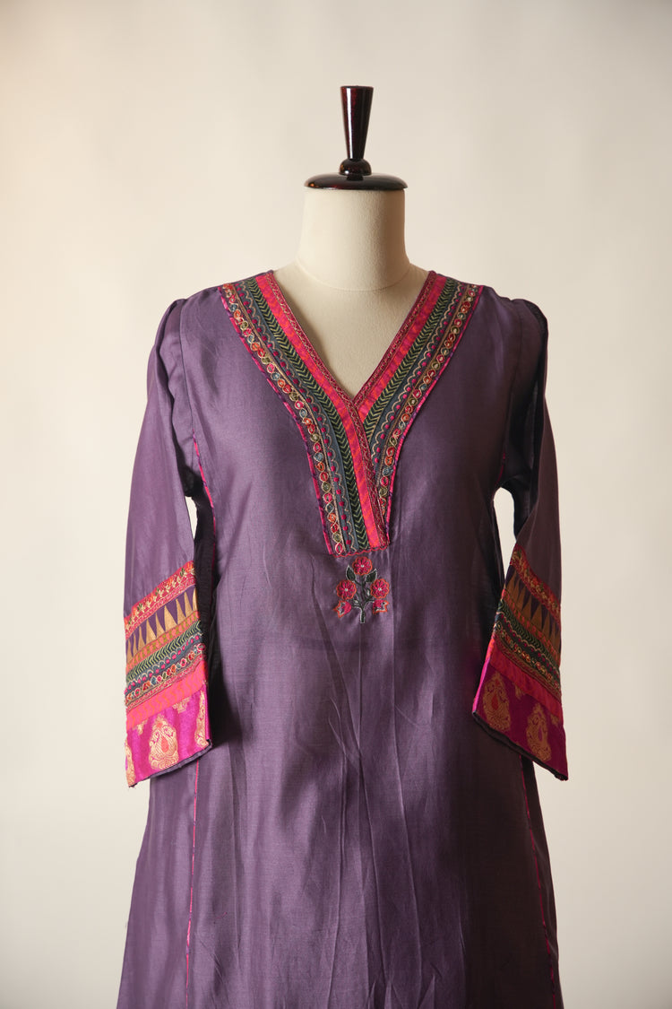 Tara Embroidered Chanderi Kaftan Kurta Purple