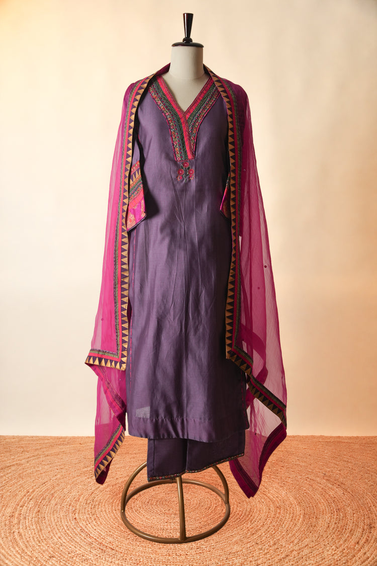 Tara Embroidered Chanderi Kaftan Kurta Purple
