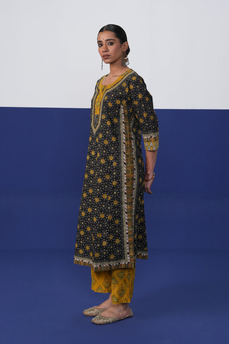 Anu Cotton Printed Kurta Black Mustard