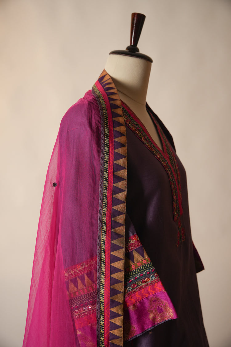 Tara Embroidered Chanderi Kaftan Kurta Purple