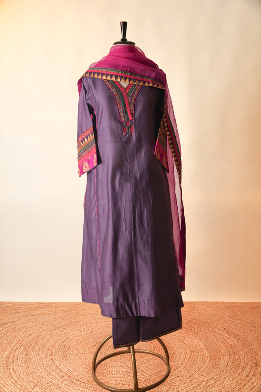 Tara Embroidered Chanderi Kaftan Kurta Purple