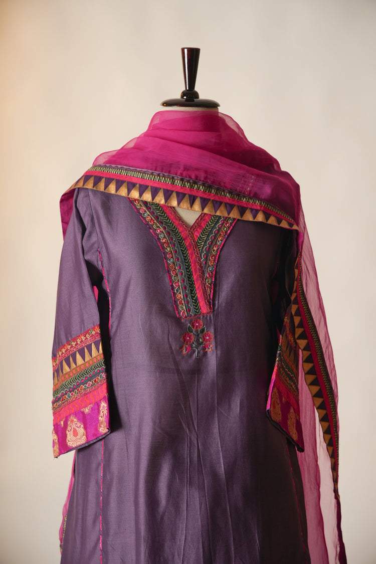 Tara Embroidered Chanderi Kaftan Kurta Purple