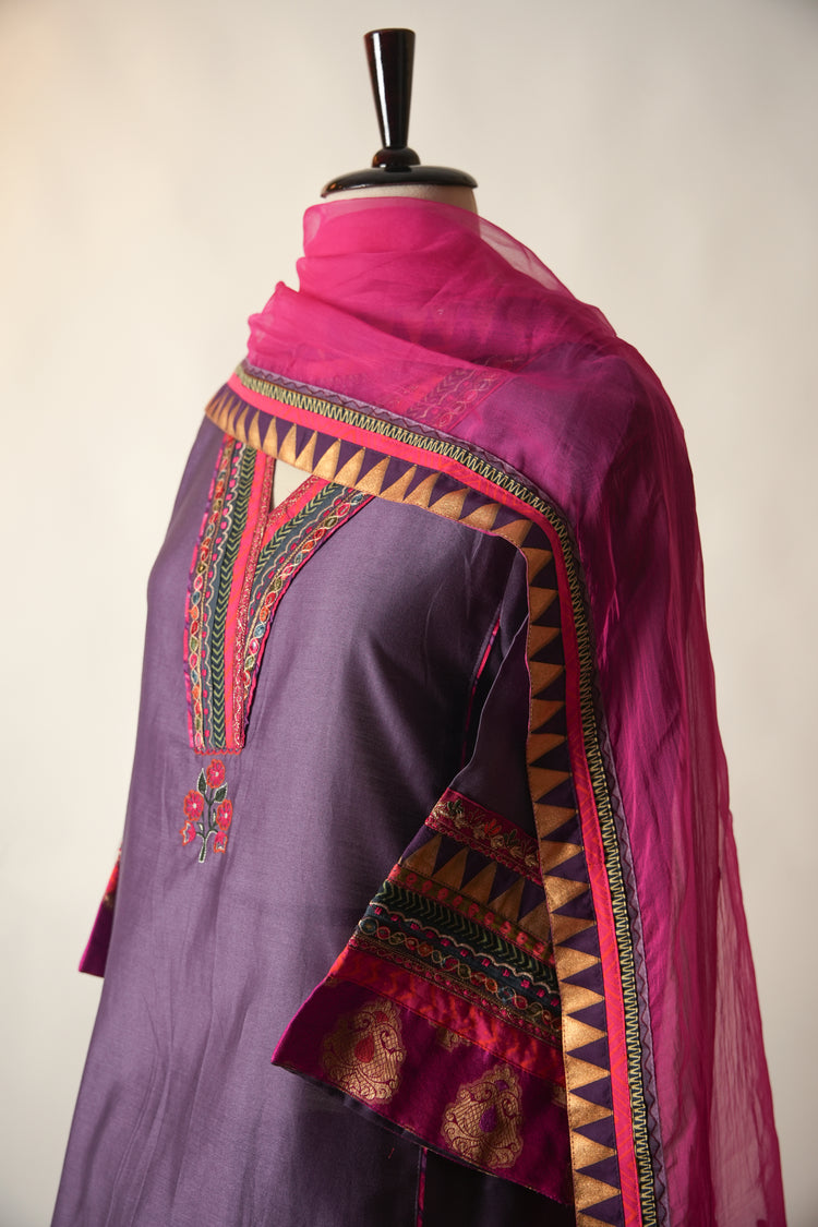 Tara Embroidered Chanderi Kaftan Kurta Purple