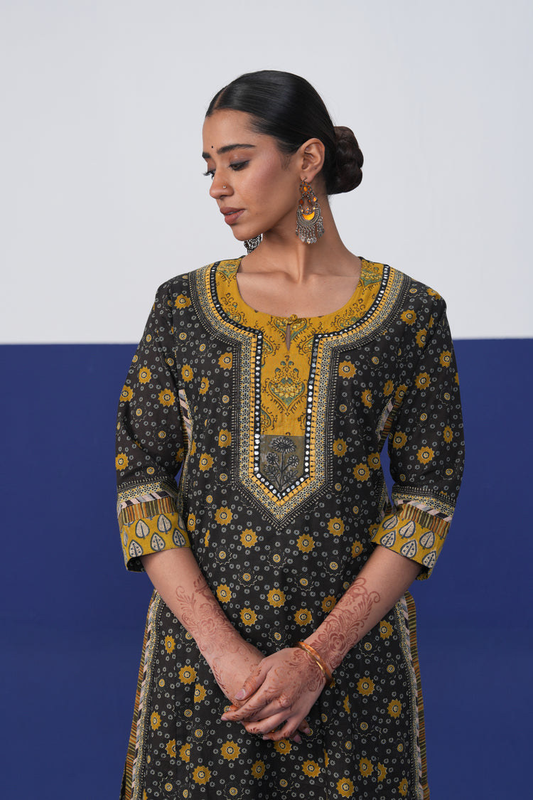 Anu Cotton Printed Kurta Black Mustard