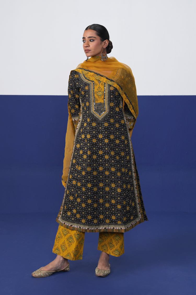 Anu Cotton Printed Kurta Black Mustard