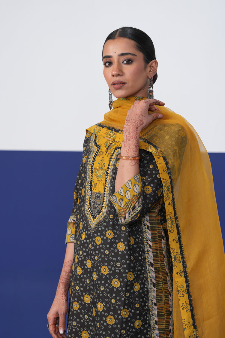 Anu Cotton Printed Kurta Black Mustard