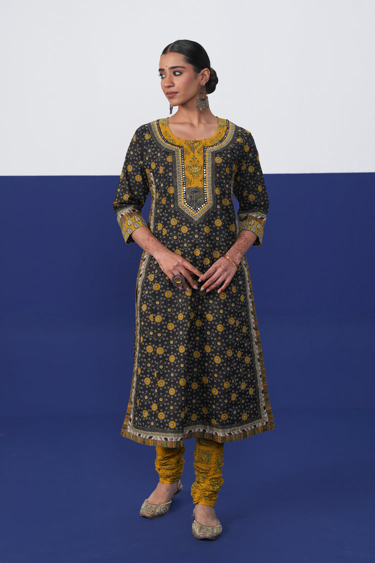 Anu Cotton Printed Kurta Black Mustard