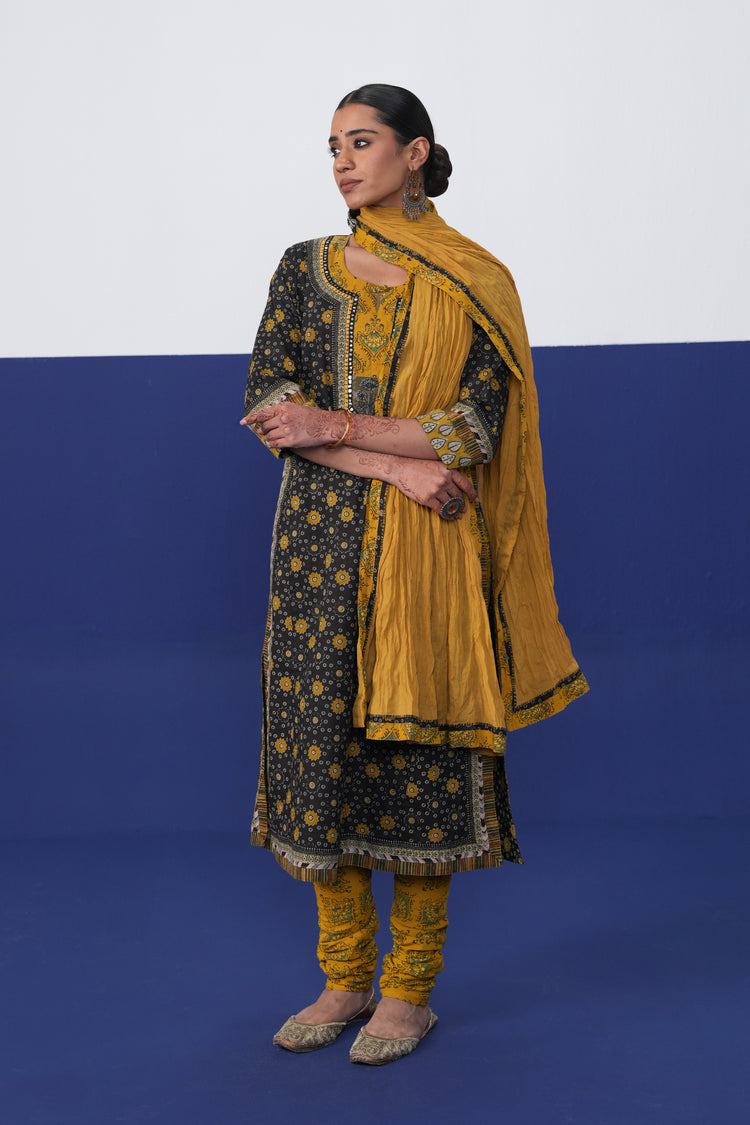 Anu Cotton Printed Kurta Black Mustard