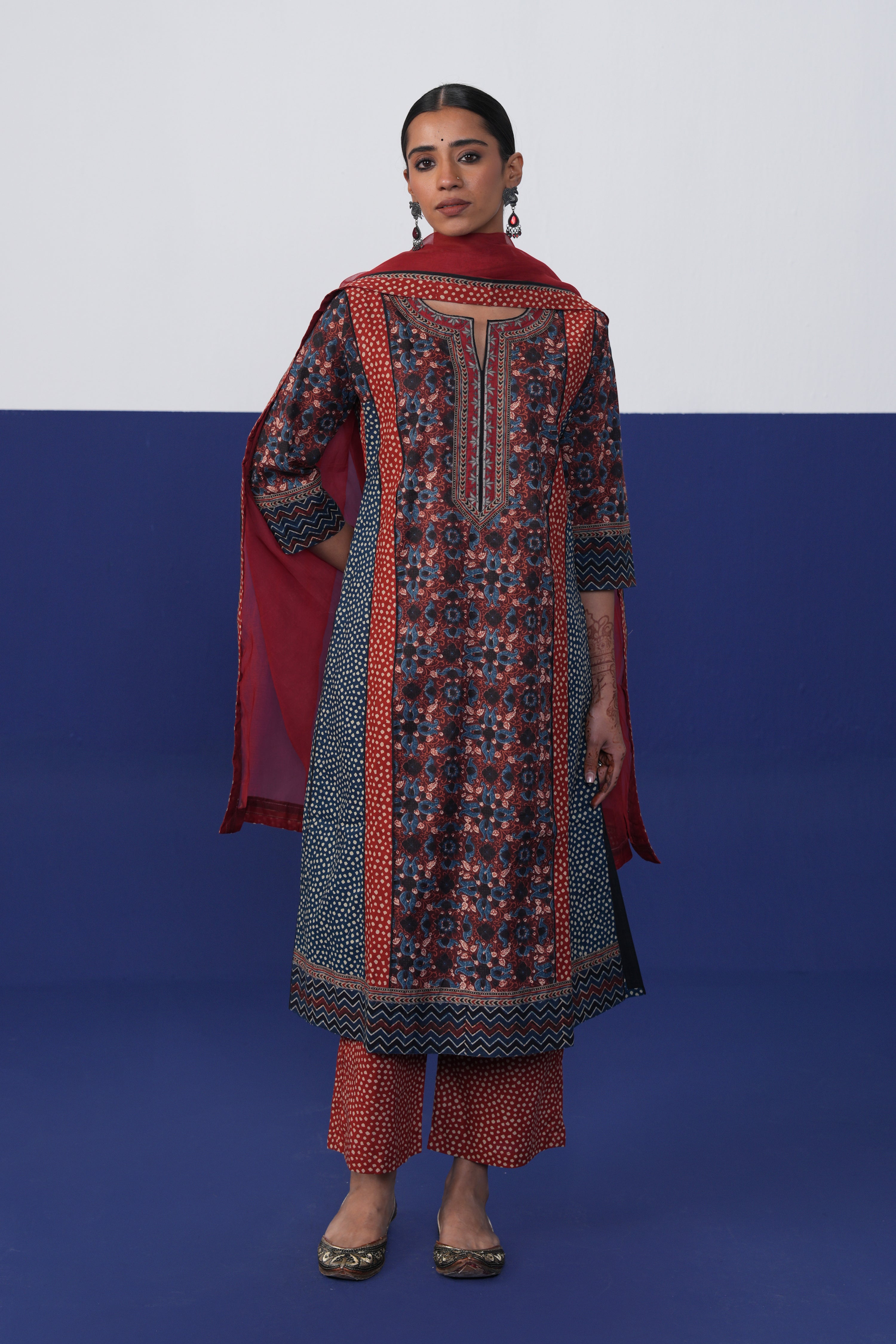 Rozana Cotton Printed Kurta Maroon Blue