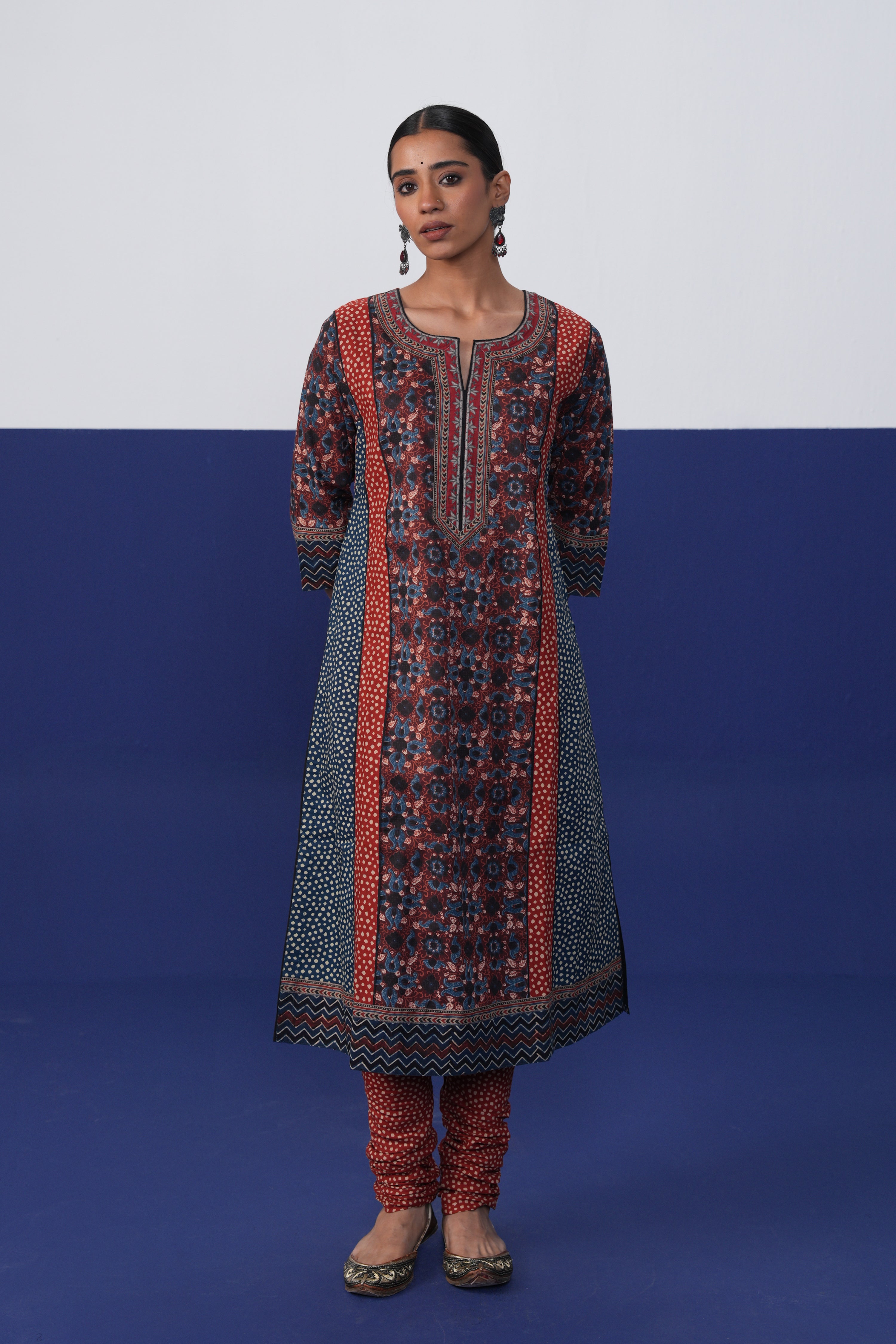 Rozana Cotton Printed Kurta Maroon Blue