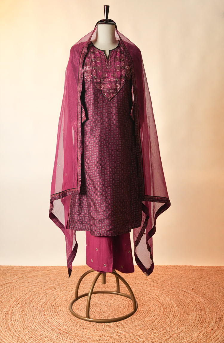 Medh Embroidered Treated Chiffon Dupatta Purple