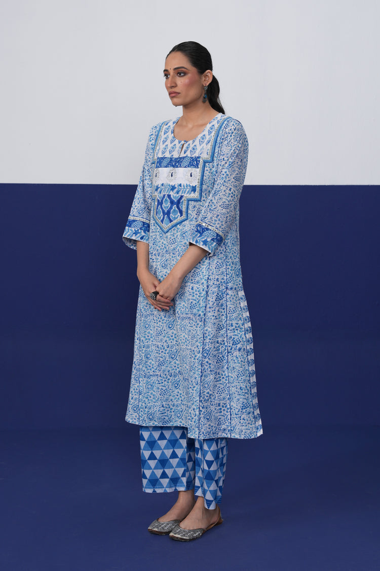 Adya Cotton Printed Kurta White Blue