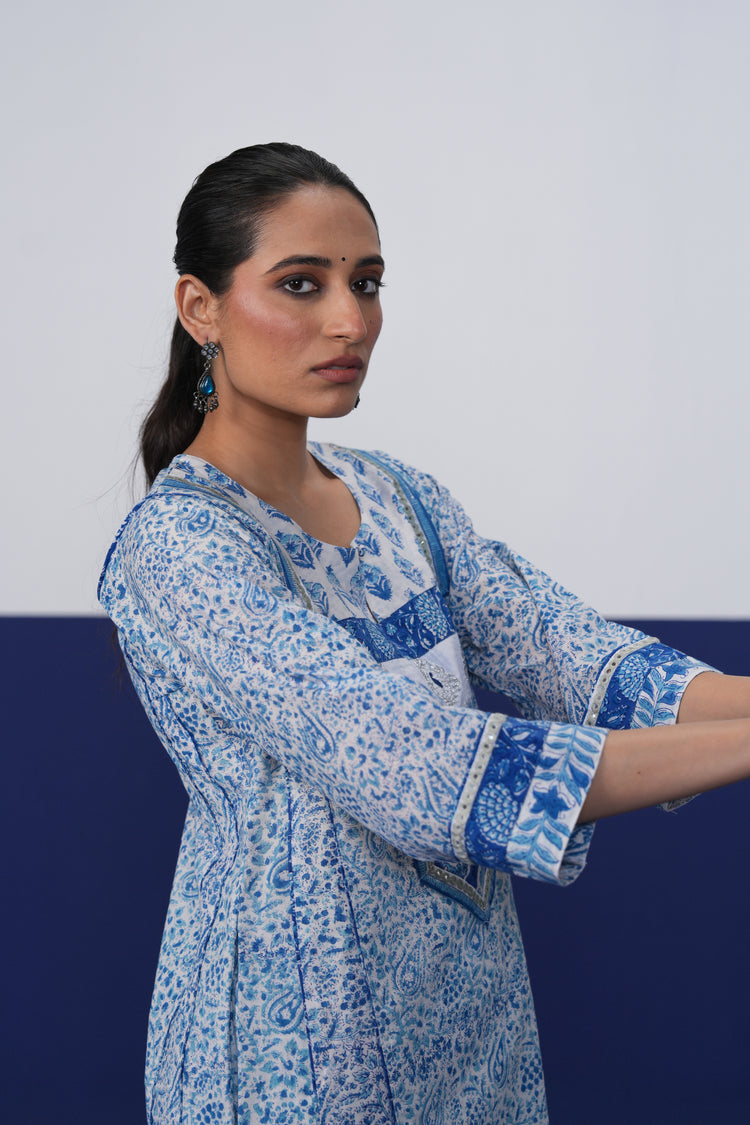 Adya Cotton Printed Kurta White Blue