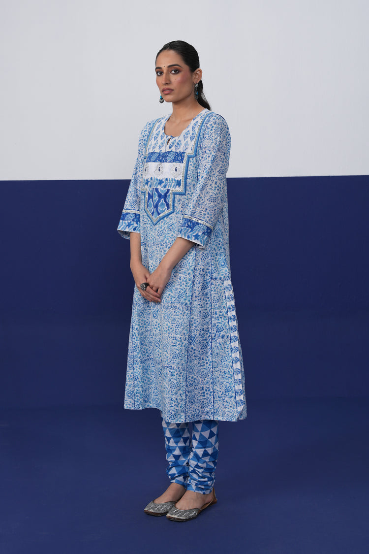 Adya Cotton Printed Kurta White Blue