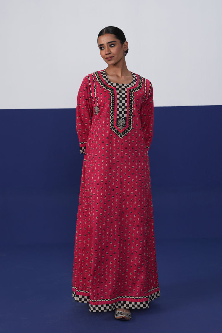 Rozana Cotton Printed Caftan Hot Pink