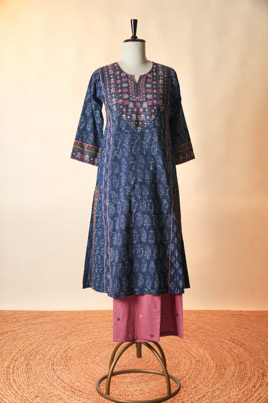 Tulsi Embroidered Hand Block Printed Cotton Kurta Blue