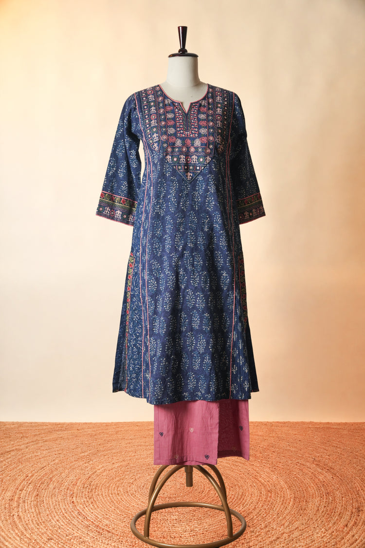 Tulsi Embroidered Hand Block Printed Cotton Kurta Blue