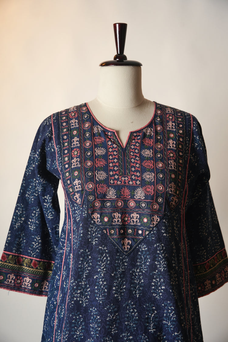 Tulsi Embroidered Hand Block Printed Cotton Kurta Blue