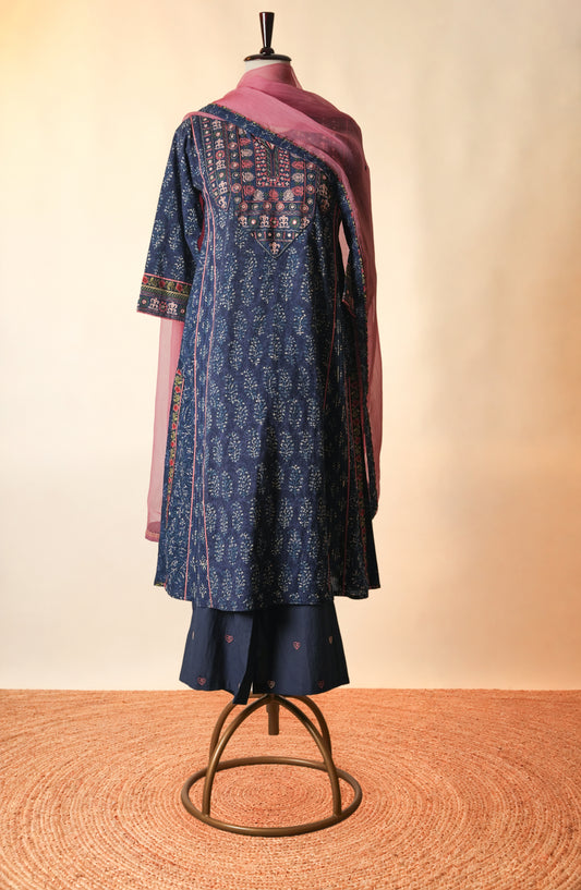 Tulsi Embroidered Hand Block Printed Cotton Kurta Blue
