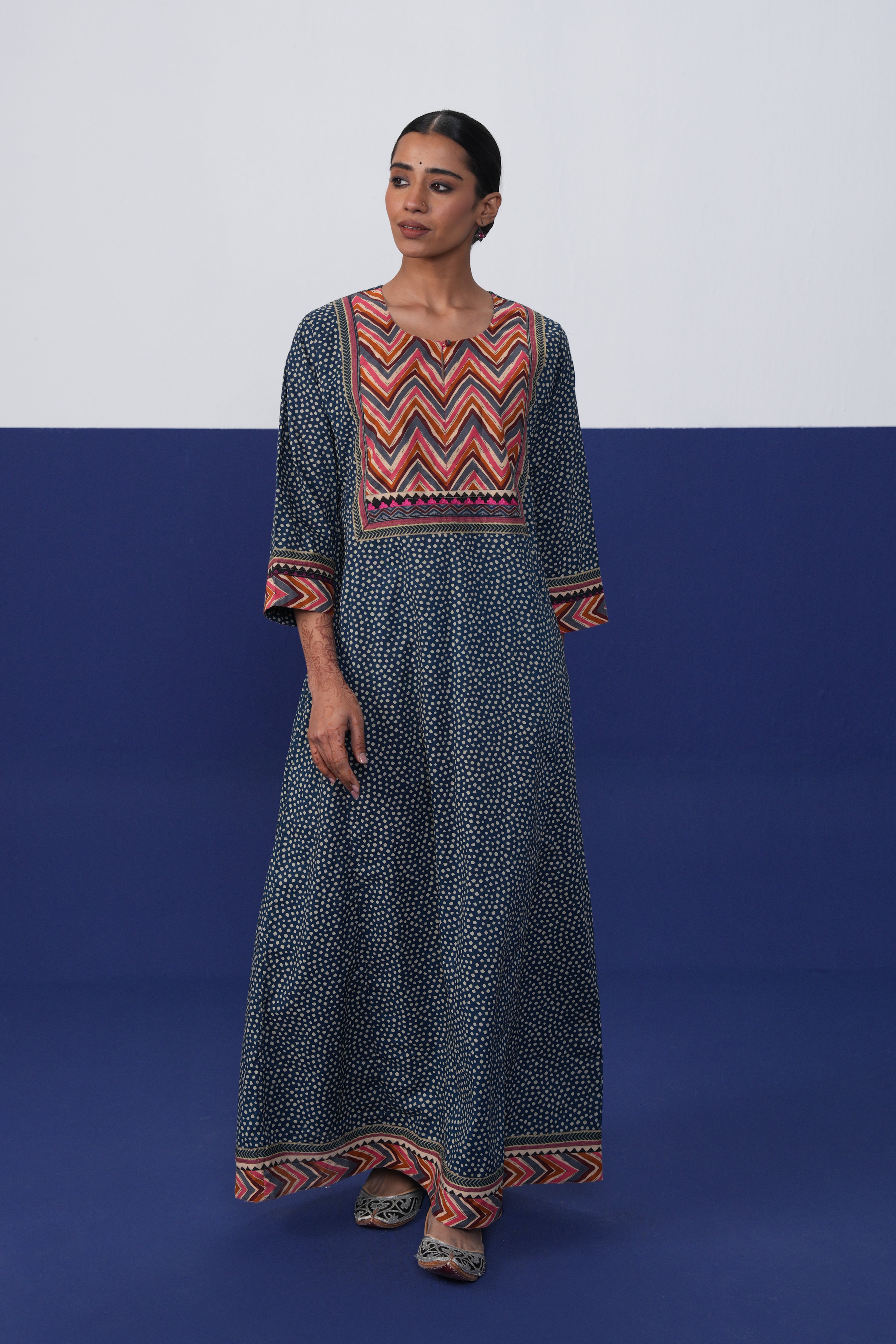 Rozana Cotton Printed Caftan Teal Blue