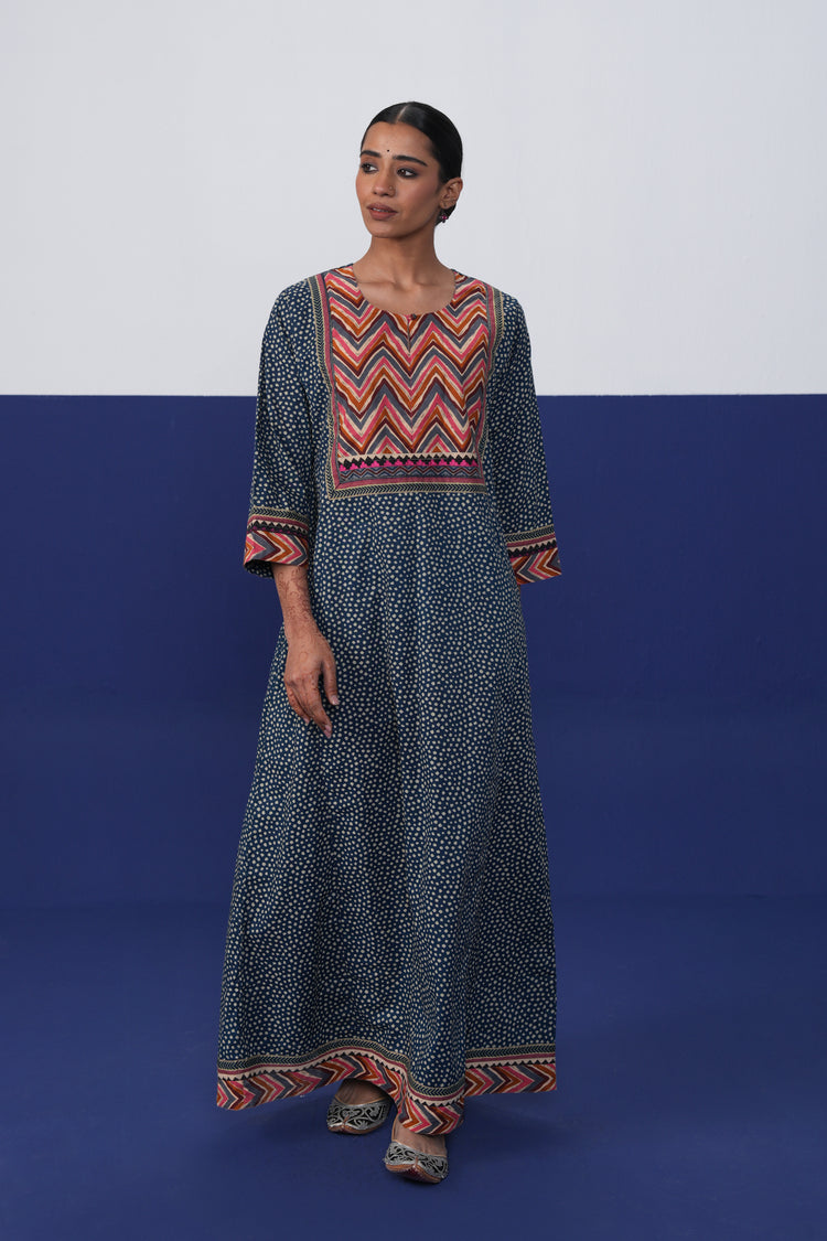 Rozana Cotton Printed Caftan Teal Blue