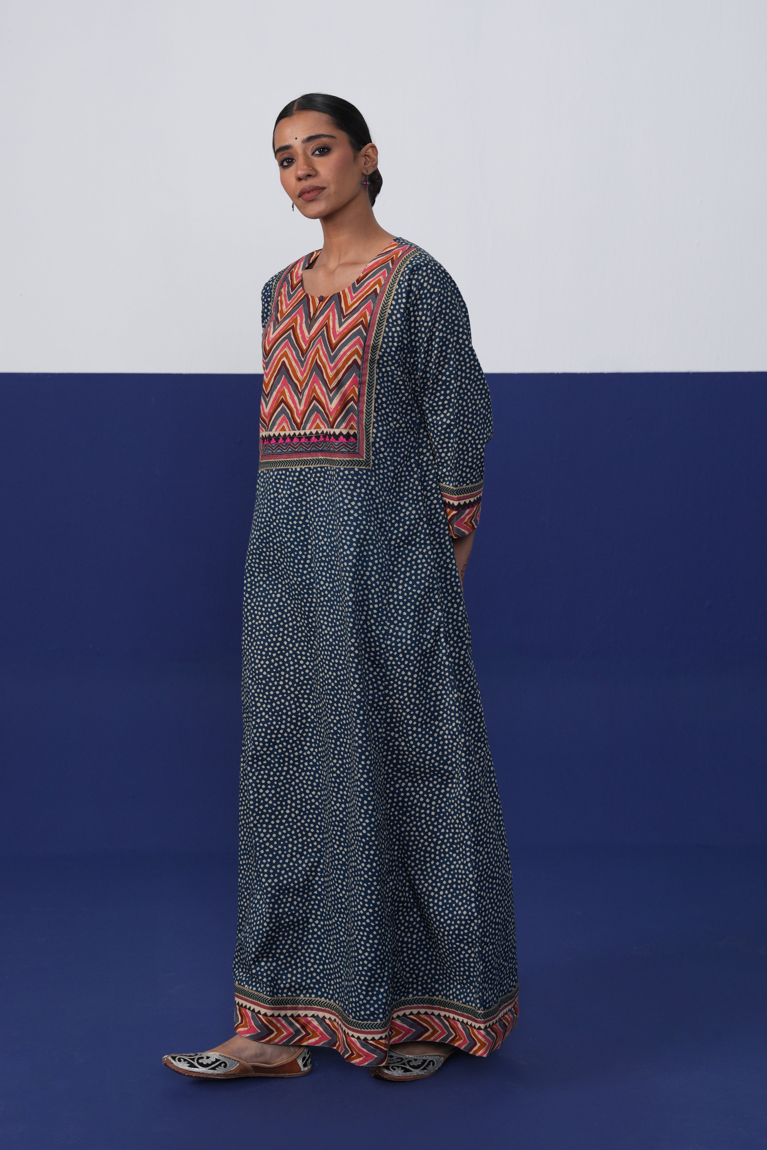 Rozana Cotton Printed Caftan Teal Blue