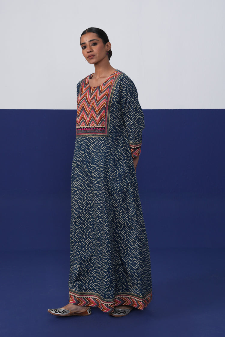 Rozana Cotton Printed Caftan Teal Blue