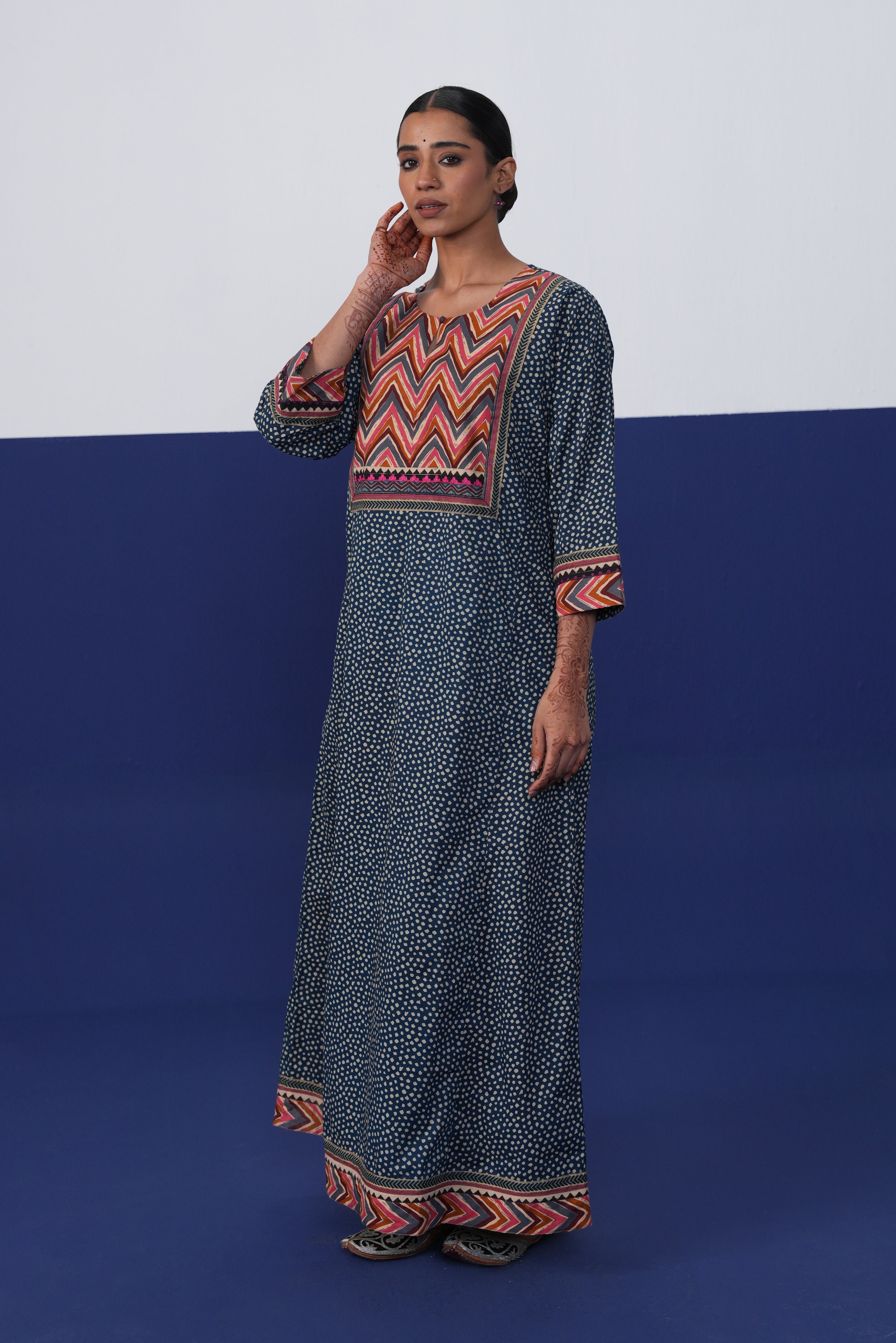 Rozana Cotton Printed Caftan Teal Blue