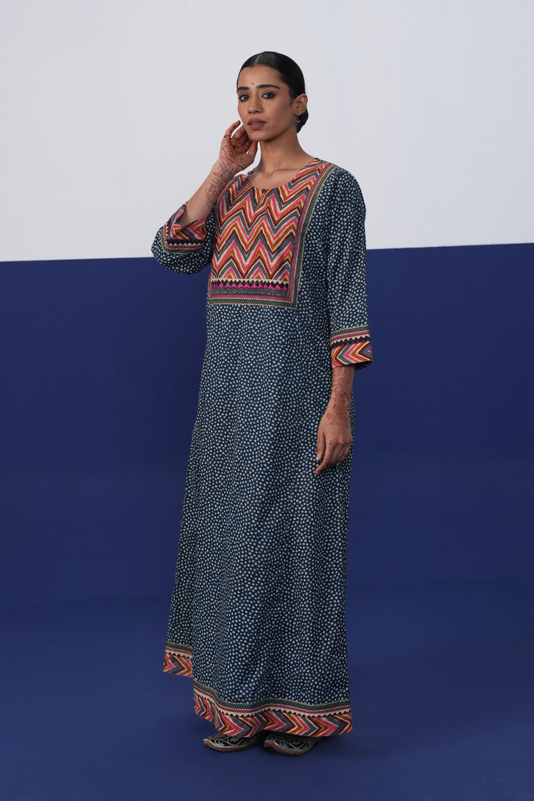 Rozana Cotton Printed Caftan Teal Blue