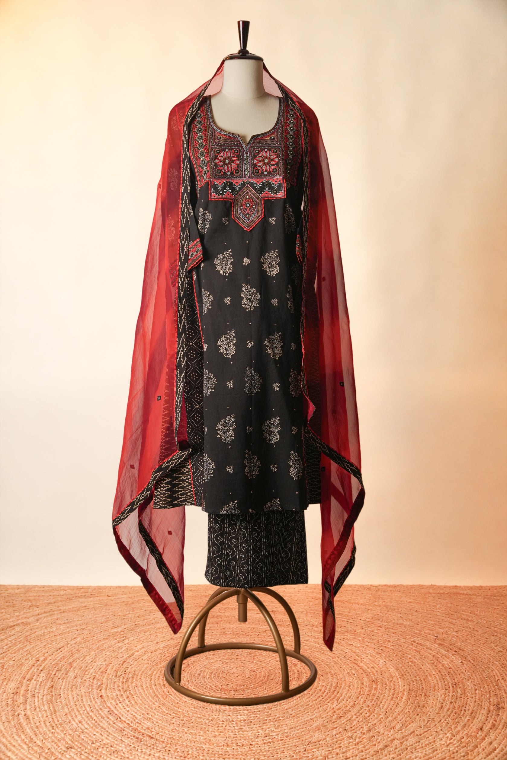 Tulsi Embroidered Ajrakh Cotton Kurta Black