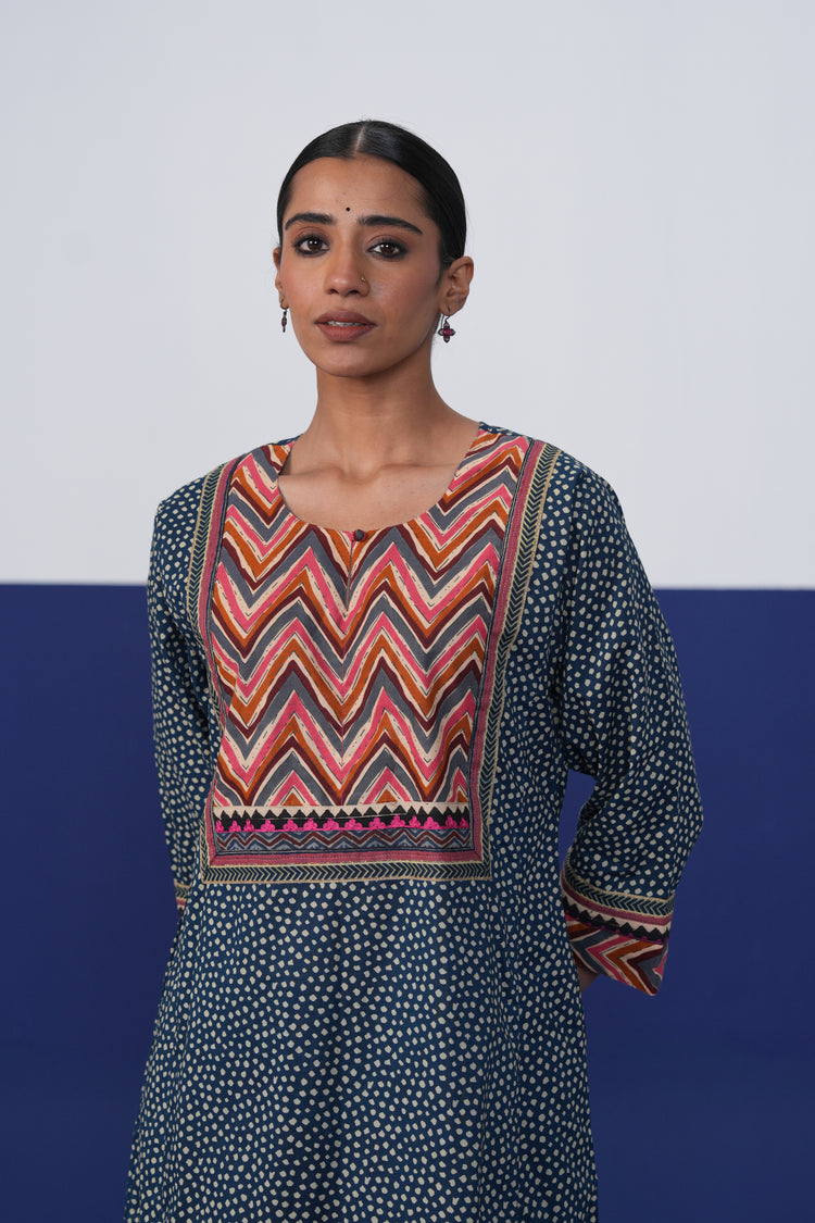 Rozana Cotton Printed Caftan Teal Blue
