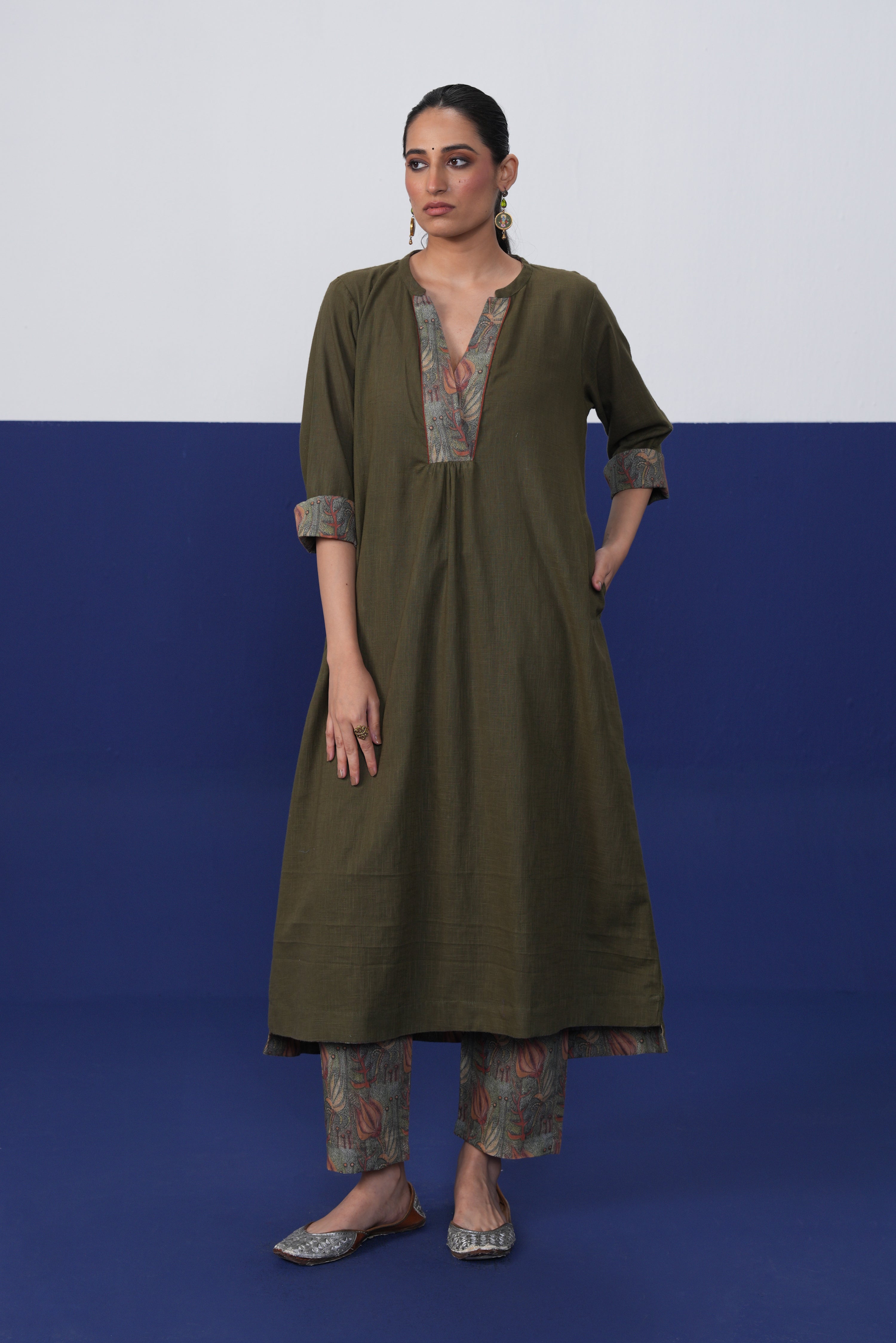 Adni Cotton Slub Kurta Olive Green